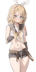 Rule 34 | 1girl, absurdres, aqua eyes, arm warmers, bare shoulders, bass clef, black panties, black shorts, blonde hair, blue eyes, blush, bow, closed mouth, clothes lift, crop top, hair bow, hair ornament, hairclip, headphones, headset, highres, kagamine rin, lifting own clothes, looking at viewer, navel, neckerchief, open clothes, open shorts, panties, sailor collar, scarlet (wv0102), shirt, shirt lift, short hair, shorts, sleeveless, sleeveless shirt, solo, standing, treble clef, underwear, vocaloid, white bow, yellow neckerchief