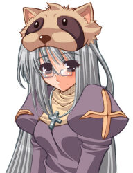 Rule 34 | 1girl, animal hat, breasts, cross, cross necklace, grey-framed eyewear, grey eyes, grey hair, hair between eyes, hakoiri nyanko, hat, jewelry, juliet sleeves, long hair, long sleeves, medium breasts, necklace, priest (ragnarok online), puffy sleeves, raccoon hat, ragnarok online, rectangular eyewear, semi-rimless eyewear, simple background, solo, under-rim eyewear, upper body, white background