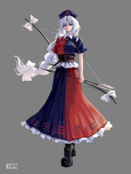 1girl absurdres arrow_(projectile) blue_eyes bow_(weapon) braid constellation constellation_print cross dress edz_drawz grey_hair hat highres long_hair multicolored_dress multiple_girls nurse_cap red_cross solo touhou trigram very_long_hair weapon white_hair yagokoro_eirin