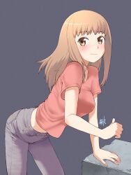 1girl absurdres blush brown_eyes brown_hair closed_mouth denim highres jeans kikumaru_bunta kiruko_(tengoku_daimakyou) looking_at_viewer medium_hair original pants pink_shirt shirt signature simple_background smile solo t-shirt
