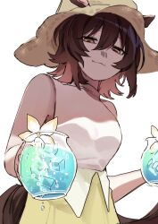 Rule 34 | 1girl, :3, agnes tachyon (umamusume), animal ears, bare shoulders, brown hair, commentary request, cowboy shot, cup, ears through headwear, hat, highres, holding, holding cup, horse ears, horse girl, horse tail, looking at viewer, medium hair, shirt, simple background, skirt, sleeveless, sleeveless shirt, solo, squinting, straw hat, tail, uma2 0429, umamusume, white background, white shirt, yellow skirt