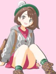Rule 34 | 1girl, :d, absurdres, arm support, backpack, bag, boots, brown bag, brown boots, brown eyes, brown hair, buttons, cardigan, collared dress, commentary request, dress, eyelashes, gloria (pokemon), green hat, green socks, grey cardigan, happy, hat, highres, looking at viewer, majikichi915, nintendo, open mouth, plaid clothes, plaid socks, pokemon, pokemon swsh, purple background, short hair, sitting, smile, socks, solo, tam o&#039; shanter