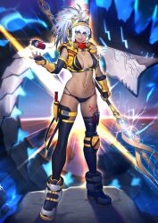 1girl animal_ears arm_at_side armor armored_gloves asymmetrical_gloves azusa_(hws) bandana bandana_around_neck belt bikini black_bikini black_gloves black_hairband black_thighhighs blue_background blue_eyes boots bracer breasts breasts_apart caenis_(fate) caenis_(swimsuit_rider)_(fate) caenis_(swimsuit_rider)_(third_ascension)_(fate) camouflage chest_belt chest_harness chest_tattoo diffraction_spikes elbow_gloves fate/grand_order fate_(series) fingerless_gloves fingernails fishnets full_body game_cg gloves glowing hair_intakes hairband hand_up harness headphones headset high_ponytail holding holding_polearm holding_weapon horizon implied_extra_ears knee_pads leg_tattoo legs_apart long_hair looking_at_viewer medium_breasts microphone monster multi-strapped_bikini_bottom navel official_art open_mouth polearm ponytail red_bandana red_tattoo shoulder_pads sidelocks single_knee_pad solo standing stomach stomach_tattoo swimsuit tattoo teeth thigh_strap thighhighs third-party_source tossing underbust uneven_gloves v-shaped_eyebrows variant_set weapon weapon_request white_hair white_nails wide_ponytail yellow_armor yellow_belt