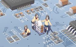 Rule 34 | 3girls, absurdres, bad id, bad pixiv id, black hair, black pantyhose, black socks, blue eyes, blue skirt, blue socks, blue theme, bow, bowtie, brown footwear, brown hair, circuit board, electronics engineering, female focus, full body, highres, holding, holding paper, kneehighs, leaning forward, leaning on object, light brown hair, loafers, microchip, mini person, minigirl, miniskirt, multiple girls, numbers, original, pantyhose, paper, parted bangs, plaid clothes, plaid skirt, platform truck, pleated skirt, pointing, red bow, red bowtie, school uniform, shapoco, shoes, skirt, smile, socks, squatting, sweater, twitter username, wide shot, yellow sweater