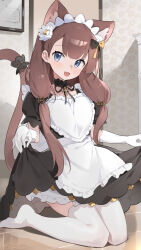 1girl absurdres alternate_costume animal_ears apron arknights black_dress blue_eyes cat_ears cat_tail dress facing_viewer fang flower gloves hair_flower hair_ornament hair_over_shoulder highres indoors kneeling long_hair looking_to_the_side low_twintails maid maid_headdress no_shoes open_mouth pepe_(arknights) puffy_short_sleeves puffy_sleeves short_sleeves skin_fang skirt_hold smile solo tail teketi twintails white_apron white_gloves