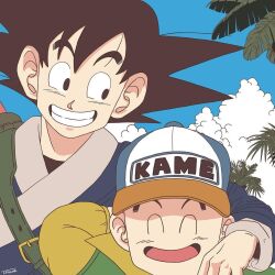 2boys black_eyes black_hair cloud cloudy_sky dragon_ball dragon_ball_(classic) happy kuririn multiple_boys ruyi_jingu_bang sky smile son_goku tagme tree