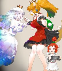 3girls apron aqua_dress aqua_hair bare_shoulders barefoot bib black_dress black_nails blue_dress blue_hair bowsette bowsette_jr. bracelet breasts brown_hair cleavage collar dress earrings fingernails from_side ghost_pose gloves gradient_clothes gradient_hair hair_between_eyes horns jewelry kasutank knees_together_feet_apart large_breasts long_hair looking_at_another looking_to_the_side luigi&#039;s_mansion mario_(series) mother_and_daughter multicolored_hair multiple_girls nail_polish new_super_mario_bros._u_deluxe nintendo nintendo_switch pointy_ears ponytail princess_king_boo purple_dress purple_hair red_apron red_hair sharp_fingernails sharp_teeth short_dress sidelocks simple_background smile spiked_bracelet spiked_collar spiked_shell spiked_tail spikes standing super_crown tail teeth tongue tongue_out white_dress white_gloves white_hair