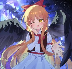 1girl absurdres alternate_wing_color black_wings blonde_hair blush bow bowtie commentary feathered_wings fingernails gengetsu_(touhou) hair_bow highres kitahara_(pixiv_19528441) long_hair long_sleeves looking_at_viewer one_eye_closed open_mouth red_bow red_bowtie shirt skirt smile solo touhou touhou_(pc-98) very_long_hair white_shirt white_skirt wings yellow_eyes