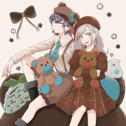 2girls :d absurdres animal_ears bear_ears bear_hat beret black_boots blue_bow blue_eyes blue_necktie boots bow breasts brown_hat brown_shorts brown_skirt ceras_yanagida_lilienfeld ceras_yanagida_lilienfeld_(chara_dolce) collared_shirt commentary doll fake_animal_ears feet_on_chair feet_out_of_frame flower_symbol grey_hair hair_ornament hair_ribbon hat hat_bow highres holding holding_doll katsuragi_izumi katsuragi_izumi_(chara_dolce) link!_like!_love_live! long_hair long_sleeves love_live! medium_breasts medium_skirt multiple_girls necktie nyuma official_alternate_costume open_mouth orange_eyes parted_lips pink_ribbon plaid_clothes plaid_skirt pleated_skirt ribbon shirt shorts sidelocks simple_background sitting skirt smile stuffed_animal stuffed_toy suspender_shorts suspenders teddy_bear triangle_hair_ornament virtual_youtuber white_background white_shirt