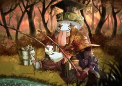 1boy 1other absurdres black_mage_(final_fantasy) blue_coat boots brown_footwear brown_gloves bucket coat colored_skin final_fantasy final_fantasy_ix fishing fishing_rod forest gloves glowing glowing_eyes hat highres holding holding_fishing_rod nature quina_quen sandals sleeping tongue tongue_out tree vivi_ornitier watawata22 white_skin wizard_hat