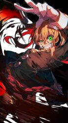 Rule 34 | 1girl, absurdres, black jacket, blonde hair, blood, blood on face, breasts, brown hair, buttons, commentary, crossed bangs, gloves, green eyes, grin, hair between eyes, highres, holding, holding scythe, holding weapon, jacket, long hair, long sleeves, looking at viewer, maka albarn, miniskirt, multicolored hair, necktie, red hair, red skirt, scythe, skirt, small breasts, smile, solo, soul eater, striped necktie, tanaka rakko (sea tanaka1018), w, weapon, white gloves