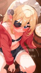 1girl alternate_costume black_bra black_flower black_sandals black_skirt blonde_hair blue_eyes blush bra breasts cleavage closed_mouth commentary_request double-parted_bangs drink ear_blush enmaided eyepatch flower fortissimo_gr frilled_bra frilled_skirt frills from_above goddess_of_victory:_nikke guillotine_(nikke) hair_flower hair_intakes hair_ornament hand_rest hand_up highres holding holding_drink long_hair long_sleeves looking_at_viewer maid maid_headdress on_barrel open_clothes open_shirt red_shirt saliva sandals shirt sitting skirt small_breasts solo tankard underwear watermark