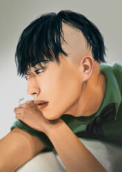 Rule 34 | 1boy, absurdres, black bow, black bowtie, black eyes, black hair, bow, bowtie, from side, green shirt, grey background, higashikata joshu, highres, janagreniuk, jojo no kimyou na bouken, jojolion, lips, male focus, parted lips, shirt, solo, undercut