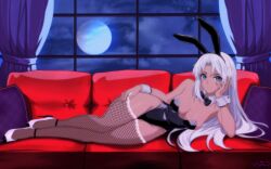 1girl absurdres alternate_costume amanda_peach blue_eyes breasts cleavage couch dark-skinned_female dark_skin elma_(xenoblade_x) fishnets highres indoors leotard looking_at_viewer monolith_soft moon on_couch playboy_bunny rabbit_ears solo white_hair xeno_(series) xenoblade_chronicles_(series) xenoblade_chronicles_x