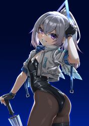 absurdres amane_kanata angel angel_wings ass grey_hair halo highres hololive nyang-kaz ponytail purple_eyes virtual_youtuber wings