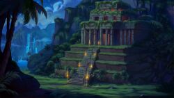 Rule 34 | atlantis, highres, jungle, mountain, nature, night, pyramid (structure), ruins, tagme, temple, torch, water, waterfall
