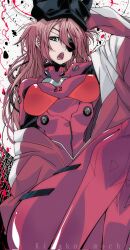 1girl artist_name bodysuit breasts brown_hair evangelion:_3.0_you_can_(not)_redo eyepatch hat highres jacket kinakomochi_(user_vedc2333) large_breasts long_hair looking_at_viewer mecha_pilot_suit messy_hair neon_genesis_evangelion open_clothes open_jacket open_mouth plugsuit_(evangelion) rebuild_of_evangelion solo souryuu_asuka_langley