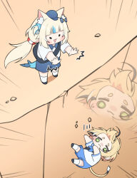 Rule 34 | 2girls, absurdres, ahoge, animal ear fluff, animal ears, bag, black hair, blonde hair, blue eyes, blue hair, blue hat, blue neckerchief, blunt bangs, bow, cat ears, cliff, dooby (vtuber), falling, fins, fish girl, fish tail, green eyes, hair bow, hat, highres, indie virtual youtuber, jerboa tail, kneehighs, lifebuoy hair ornament, long hair, low twintails, messenger bag, motion lines, mouse girl, multicolored hair, multiple girls, neckerchief, one side up, pushing, sailor collar, sailor shirt, sameko saba, school uniform, serafuku, shirt, short hair, shorts, shoulder bag, sidelocks, socks, streaked hair, sweatdrop, tail, twintails, ugaaaa1, very long hair, virtual youtuber, white shirt, white socks, zoom layer