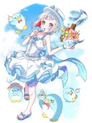 1girl :o animal animal-themed_food armpit_crease bird blue_sandals blue_sky boater_hat bob_cut bow bowl bowtie brain_freeze brown_hat candy chocolate chocolate_bar clothed_animal cloud collarbone colored_inner_hair commentary diagonal_bangs donut dress flat_chest food frilled_dress frills fruit full_body grey_hair hair_ornament halter_dress halterneck hat highres holding holding_bowl holding_spoon ice ice_cream_cone ice_cream_scoop_(utensil) inverted_bob kiwi_(fruit) kiwi_slice link!_like!_love_live! looking_at_viewer love_live! macaron medium_dress multicolored_hair official_alternate_costume open_mouth penguin penguin_ice_(love_live!) pink_eyes pocky red_bow red_bowtie red_hair sakari_(pear_8_ll) sandals shaved_ice short_hair sidelocks sky sleeveless sleeveless_dress solo spoon standing standing_on_one_leg star_(symbol) star_hair_ornament streaked_hair too_many virtual_youtuber white_dress white_hat yugiri_tsuzuri