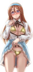 1girl absurdres bikini bikini_under_clothes black_ribbon blue_hairband blue_skirt blush brown_hair clothes_lift cowboy_shot double-parted_bangs furusawa_yoriko glasses gluteal_fold gold_bikini golden_week hairband highres idolmaster idolmaster_cinderella_girls long_hair looking_at_viewer nan-chan neck_ribbon nose_blush open_clothes open_shirt rectangular_eyewear red-framed_eyewear ribbon shirt simple_background skirt skirt_lift smile solo straight_hair swimsuit very_long_hair white_background white_shirt