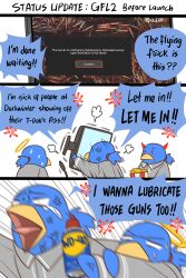 anger_vein artist_self-insert bird cable can collared_shirt commentary crying crying_with_eyes_open english_commentary english_text food game_screenshot_inset girls&#039;_frontline girls&#039;_frontline_2:_exilium grey_shirt guin_guin halo highres holding holding_can holding_food holding_monitor little_blue_(guin_guin) monitor no_humans open_mouth penguin popcorn shirt tears