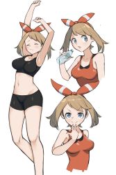 Rule 34 | 1girl, absurdres, bike shorts, black bra, blush, bottle, bow hairband, bra, breasts, brown hair, closed eyes, closed mouth, commentary request, grey eyes, hairband, hand up, highres, holding, holding bottle, looking at viewer, may (pokemon), multiple views, nintendo, pokemon, pokemon oras, shirt, simple background, sleeveless, sleeveless shirt, smile, sports bra, stomach, stretching, tsuneshima, underwear, water bottle, white background