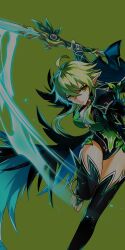 1girl ahoge ankle_ring black_coat black_leotard black_thighhighs blue_coat breasts coat crossed_bangs determined elf elsword feather-trimmed_coat floating_clothes floating_hair foot_out_of_frame frown green_background green_eyes green_hair green_leotard hair_between_eyes highres holding holding_sword holding_weapon hwansang large_breasts leaning_forward leg_up leotard light_particles long_hair looking_at_viewer multicolored_leotard official_art open_clothes open_coat parted_lips pointy_ears red_brooch rena_erindel second-party_source sidelocks simple_background slashing solo stirrup_legwear sword thighhighs toeless_legwear toes two-sided_coat two-sided_fabric two-tone_leotard weapon