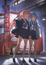 2girls :d ^_^ bag black_sailor_collar black_skirt blue_hair closed_eyes commentary_request highres holding holding_bag holding_hands kotonoha_akane kotonoha_aoi long_hair looking_at_another multiple_girls neckerchief open_mouth outdoors pink_hair purple_neckerchief red_eyes sailor_collar school_uniform serafuku shirt siblings sisters skirt smile standing voiceroid white_shirt yamamomo_(plank)