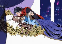 1boy 1girl aerith_gainsborough aurora_(disney) aurora_(disney)_(cosplay) black_hair blue_dress brown_hair cape closed_eyes commentary cosplay couple crisis_core_final_fantasy_vii cross_scar dress facial_scar facing_another final_fantasy final_fantasy_vii flower holding_hands huosheanng long_hair lying on_back phillip_(disney) phillip_(disney)_(cosplay) pillow red_cape scar scar_on_cheek scar_on_face sleeping sleeping_beauty_(disney) symbol-only_commentary yellow_flower zack_fair