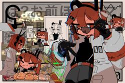 &gt;_&lt; 2girls :t =_= a.i._voice adachi_rei adjusting_eyewear black_gloves black_shirt blush cable cable_in_mouth cameo chibi chicken_(food) chopsticks collage commentary_request crossed_arms doyagao drawstring drill_hair electrical_outlet explosion expressionless food foodgasm foot_up fried_chicken gang_sign glint gloves grey_background grey_shorts ha?_omae_honto_maji_omae_wakattenee_wa_maji_de_ittan_toriaezu_kike_tte_maji_(utau) hand_on_own_cheek hand_on_own_face headlamp headset highres holding holding_chopsticks jacket jitome kasane_teto lightning_bolt_symbol long_sleeves looking_at_viewer looking_over_eyewear lying multiple_girls multiple_views on_stomach one_side_up open_clothes open_jacket orange_eyes orange_hair outstretched_arm partially_colored photo_inset raised_eyebrow recurring_image red_eyes red_hair ribbon shirt shoes shorts sitting smile smug sneakers song_name sparkle sunglasses tori_(birdsann_0v0) triangle_mouth turtleneck turtleneck_shirt utau v-shaped_eyebrows wavy_mouth white_ribbon window_(computing)