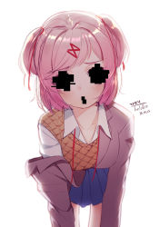 1girl :o artist_name bent_over blazer blue_skirt blurry blush breasts collarbone collared_shirt covered_eyes covered_mouth dated doki_doki_literature_club female_focus glitch hair_ornament hairclip heart heart-shaped_pupils jacket long_sleeves looking_at_viewer medium_breasts miniskirt natsuki_(doki_doki_literature_club) open_mouth orange_vest pink_eyes pink_hair pleated_skirt removing_jacket ribbon school_uniform shirt short_hair signature simple_background skirt solo spoilers symbol-shaped_pupils the_cold two_side_up vest white_background white_shirt
