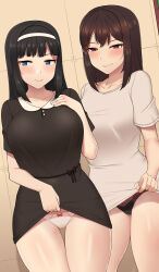 Rule 34 | 2girls, black dress, black hair, black panties, blue eyes, blush, bow, bow panties, breasts, brown hair, brown shirt, closed mouth, clothes lift, collarbone, commentary, cowboy shot, dress, dress lift, grin, hairband, hand on own chest, large breasts, lifting own clothes, long hair, looking at viewer, multiple girls, nt00, original, paid reward available, panties, pink eyes, sena (nt00), shirt, shirt lift, short sleeves, smile, standing, underwear, white hairband, white panties, yumi (nt00)