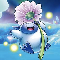 1other antennae artist_request colored_skin commentary creature creature_focus dragon_quest dragon_quest_rivals fireflies flower fluffy_(dragon_quest) game_cg highres holding holding_flower no_humans official_art open_mouth pink_flower pointy_ears purple_skin resized smile solo third-party_source upscaled white_fur