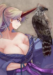 1girl absurdres animal_on_arm animal_request bird bird_on_arm blonde_hair blue_kimono breasts brown_background cleavage commentary_request elaphe_guttata6 highres horns hoshiguma_yuugi hoshiguma_yuugi_(kimono) japanese_clothes kimono large_breasts official_alternate_costume ponytail sash single_horn star_(symbol) touhou