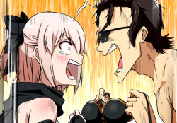 1boy 1girl black_hair black_scarf bow commentary_request fate/grand_order fate_(series) green_eyes grey_hair hair_bow hijikata_toshizou_(fate) holding holding_unworn_clothes makishima_rin motion_lines okita_j._souji_(fate) okita_j._souji_(first_ascension)_(fate) okita_souji_(fate) open_mouth ponytail scarf smile speed_lines sunglasses tears unworn_bikini_top