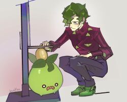 1boy artist_name black_pants brassius_(pokemon) closed_mouth colored_skin commentary creatures_(company) english_commentary game_freak green_footwear green_hair green_skin highres jacket leunkon male_focus mature_male measuring nintendo olive open_mouth pants photo-referenced pokemon pokemon_(creature) pokemon_sv red_jacket shoes short_hair smoliv squatting stadiometer twitter_username wavy_mouth white_background