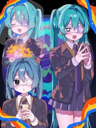 1girl :d aqua_hair black_background black_eyes black_jacket black_necktie black_skirt blue_eyes blush bouquet bright_pupils brown_shirt closed_eyes collared_shirt commentary_request cowboy_shot double-parted_bangs eyepatch flower hair_between_eyes hair_intakes hands_up hatsune_miku heart heart-shaped_pupils highres hiro_0607 holding holding_bouquet holding_phone jacket leaf long_hair long_sleeves looking_at_viewer medical_eyepatch miniskirt monitoring_(vocaloid) multicolored_eyes multiple_views necktie one_eye_covered open_clothes open_jacket open_mouth parted_lips phone pleated_skirt see-through_clothes see-through_veil shirt simple_background skirt smile sparkle standing star_(symbol) steepled_fingers straight_hair sunflower sweatdrop symbol-shaped_pupils twintails two-tone_eyes u_u upper_body veil very_long_hair vocaloid white_flower white_pupils yellow_eyes