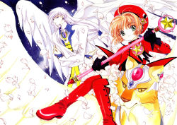 1990s_(style) 1boy 1girl absurdres ahoge angel_wings antenna_hair armor beret black_gloves blue_eyes boots cardcaptor_sakura child clamp crossed_arms earrings frills gloves green_eyes hat highres hoshi_no_tsue jewelry kerberos kero_(cardcaptor_sakura) kinomoto_sakura long_hair magical_girl official_art orange_hair petals ponytail red_footwear red_hat red_thighhighs retro_artstyle short_hair smile star_(symbol) thigh_boots thighhighs tiger very_long_hair wand white_hair wings yue_(cardcaptor_sakura) zettai_ryouiki