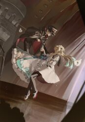 1boy 1girl aqua_hair black_cloak black_hair black_hat black_jacket black_pants black_pantyhose black_sailor_collar blonde_hair cloak curtains dress dutch_angle floating gakuran gakuseibou gradient_hair hanako_(jibaku_shounen_hanako-kun) hat highres holding holding_hands holding_unworn_clothes holding_unworn_dress hood hooded_cloak indoors jacket jibaku_shounen_hanako-kun long_hair looking_at_another multicolored_hair o_suna pants pantyhose peaked_cap pillar puffy_short_sleeves puffy_sleeves sailor_collar school_uniform serafuku shoes short_hair short_sleeves two-tone_hair unworn_dress uwabaki white_dress yashiro_nene