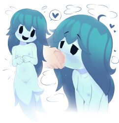 1boy 1girl ahoge blue_hair breasts censored cleft_of_venus collarbone cum cum_in_throat dress ghost heart hetero highres loli long_hair mosaic_censoring multiple_views nipples nude penis pussy shino_(shinokani) simple_background small_breasts smile spoken_heart spooky&#039;s_house_of_jump_scares spooky_(shojs) white_background x-ray