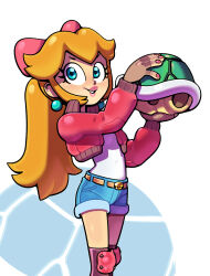 1girl belt blonde_hair blue_eyes bow covered_navel cropped_jacket denim denim_shorts discount-supervillain earrings eyelashes fingerless_gloves fingernails gloves hair_bow highres holding jewelry long_hair mario_(series) nintendo pink_nails ponytail princess_peach shirt shorts smile solo sphere_earrings white_shirt