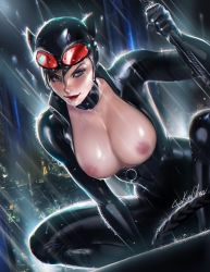 1girl animal_ears artist_name batman_(series) black_bodysuit black_hair blue_eyes bodysuit breasts breasts_out cat_ears catsuit catwoman choker city cityscape cleavage dc_comics fake_animal_ears female_focus gloves goggles goggles_on_head highres large_breasts lipstick looking_at_viewer makeup medium_breasts night night_sky nipples open_clothes outdoors rain red_lips sakimichan selina_kyle short_hair signature skin_tight sky smile solo squatting unzipped water_drop wet whip zipper