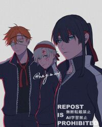 3boys ahoge allen_walker asymmetrical_hair black_shirt blue_eyes blue_hair blue_jacket blue_pants collared_jacket d.gray-man eyepatch facial_mark front_zipper green_eyes grey_background grey_eyes gym_uniform hair_between_eyes headband high_ponytail highres jacket kanda_yuu lavi light_smile long_hair looking_at_viewer male_focus medical_eyepatch multiple_boys na_gi_sa_0301 one_eye_covered open_clothes open_jacket orange_hair pants ponytail red_headband red_ribbon ribbon scar scar_across_eye scar_on_face shirt short_hair sidelocks signature simple_background single_sidelock star_(symbol) star_facial_mark striped_clothes striped_jacket twitter_username white_hair zipper