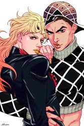 2boys arm_around_waist artist_name black_eyes black_hair blonde_hair crop_top earrings giorno_giovanna groin guido_mista hand_on_shoulder hat highres jewelry jojo_no_kimyou_na_bouken lips lipstick long_hair makeup male_focus marion-ville midriff multiple_boys nail_polish stud_earrings turtleneck vento_aureo victory_rolls yellow_eyes yellow_lips yellow_nails