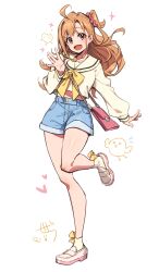 1girl \||/ absurdres ahoge baby_animal bag bird blue_shorts bow bow_legwear chick collarbone commentary flying_sweatdrops full_body hair_ornament hair_scrunchie handbag highres hotechige ikizulive!_love_live!_bluebird leg_up loafers long_hair looking_at_viewer love_live! midriff one_side_up orange_eyes orange_hair pink_scrunchie red_bag sailor_collar sailor_shirt scrunchie shirt shoes short_shorts shorts socks solo sparkle standing standing_on_one_leg symbol-only_commentary takahashi_polka white_sailor_collar white_shirt white_shoes white_socks yellow_bow