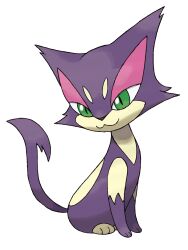 :3 animal_focus artist_request cat closed_mouth full_body gen_5_pokemon green_eyes highres nintendo no_humans official_art pokemon pokemon_(creature) pokemon_bw pokemon_focus purple_fur purrloin slit_pupils smile solo third-party_source