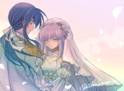 1boy 1girl belt blue_eyes blue_hair blunt_bangs blush bouquet bow breasts bridal_veil bride cape cleavage cleavage_cutout clothing_cutout dress epaulettes falling_petals fire_emblem fire_emblem:_genealogy_of_the_holy_war fire_emblem_heroes floating_cape floating_hair floating_veil flower from_behind gradient_background groom hair_between_eyes hair_bow hair_flower hair_ornament hairband half-siblings hetero high_collar holding holding_bouquet implied_incest jacket julia_(bride)_(fire_emblem) julia_(fire_emblem) lace_collar lens_flare light_particles lily_(flower) long_hair long_sleeves looking_at_another low_ponytail male_focus nintendo off_shoulder official_alternate_costume orange_background pearl_hair_ornament petals pink_background ponytail puffy_sleeves purple_eyes purple_flower purple_hair seliph_(fire_emblem) seliph_(light&#039;s_legacy)_(fire_emblem) sidelocks smile sorakaza sparkle twitter_username upper_body veil very_long_hair wedding_dress white_bow white_cape white_dress white_flower white_jacket white_petals wide-eyed yellow_background yellow_belt