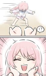 2girls bang_dream! bang_dream!_it&#039;s_mygo!!!!! blush chihaya_anon closed_eyes commentary fang female_pov hands_on_another&#039;s_cheeks hands_on_another&#039;s_face highres jacket long_hair long_sleeves lyy multiple_girls nagasaki_soyo open_mouth pink_hair pov shorts symbol-only_commentary teeth upper_teeth_only white_jacket white_shorts