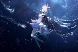Rule 34 | 1girl, absurdres, back ribbon, bow-shaped hair, detached sleeves, floating, floating hair, genshin impact, gloves, glowing fish, gradient eyes, hair ornament, highres, hiya (user dvyd4375), jellyfish, light particles, long hair, long sleeves, multicolored eyes, multicolored hair, pink hair, sandals, sangonomiya kokomi, smile, solo, spotlight, submerged, swirl, thighhighs, underwater, very long hair, white gloves, wide sleeves