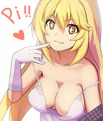 Rule 34 | 1girl, :3, bare shoulders, blonde hair, breasts, closed mouth, collarbone, commentary request, controller, double strap slip, gloves, heart, highres, large breasts, long hair, looking at viewer, remote control, shokuhou misaki, simple background, solo, sparkling eyes, toaru kagaku no railgun, toaru majutsu no index, tomitayaki, upper body, white background, white gloves, yellow eyes